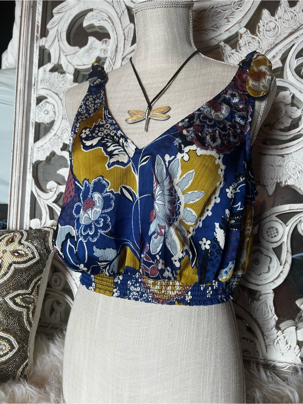 Free People Floral V-Neck Crop Camisole - Navy & Mustard